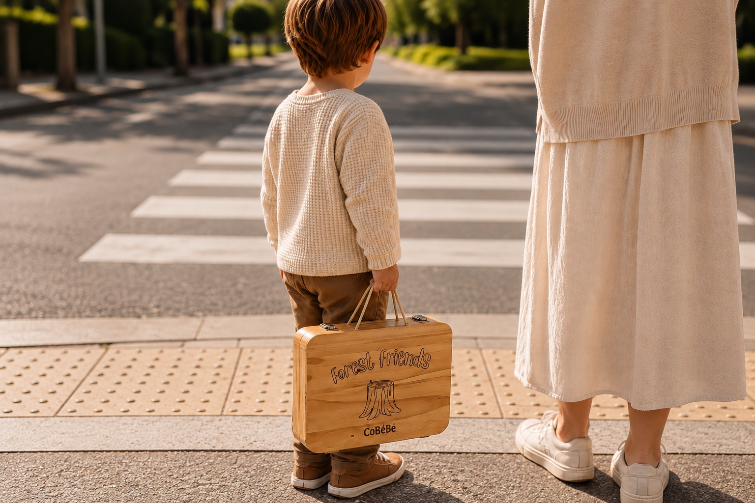 Child carrying a CoBéBé Forest Friends wooden activity box beside a parent.